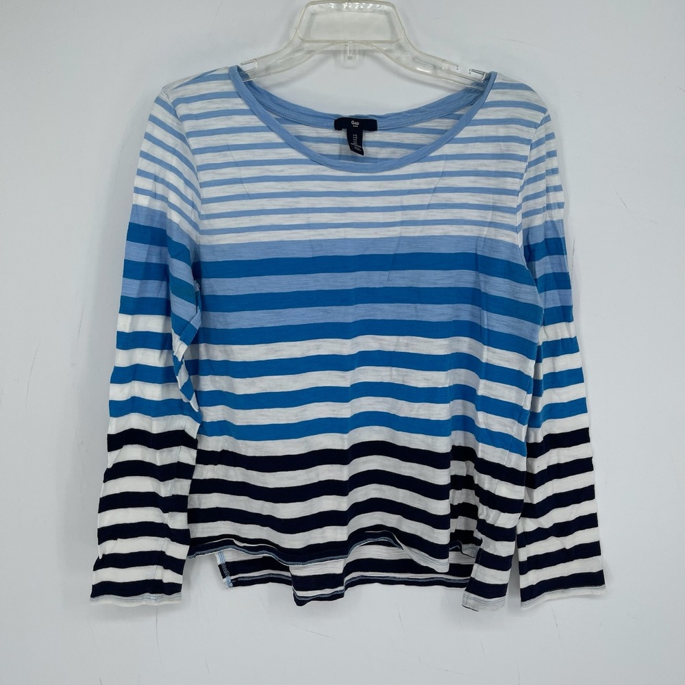 Gap Women's Blue Striped Long Sleeve Slub Knit Nautical Preppy T-Shirt Size L